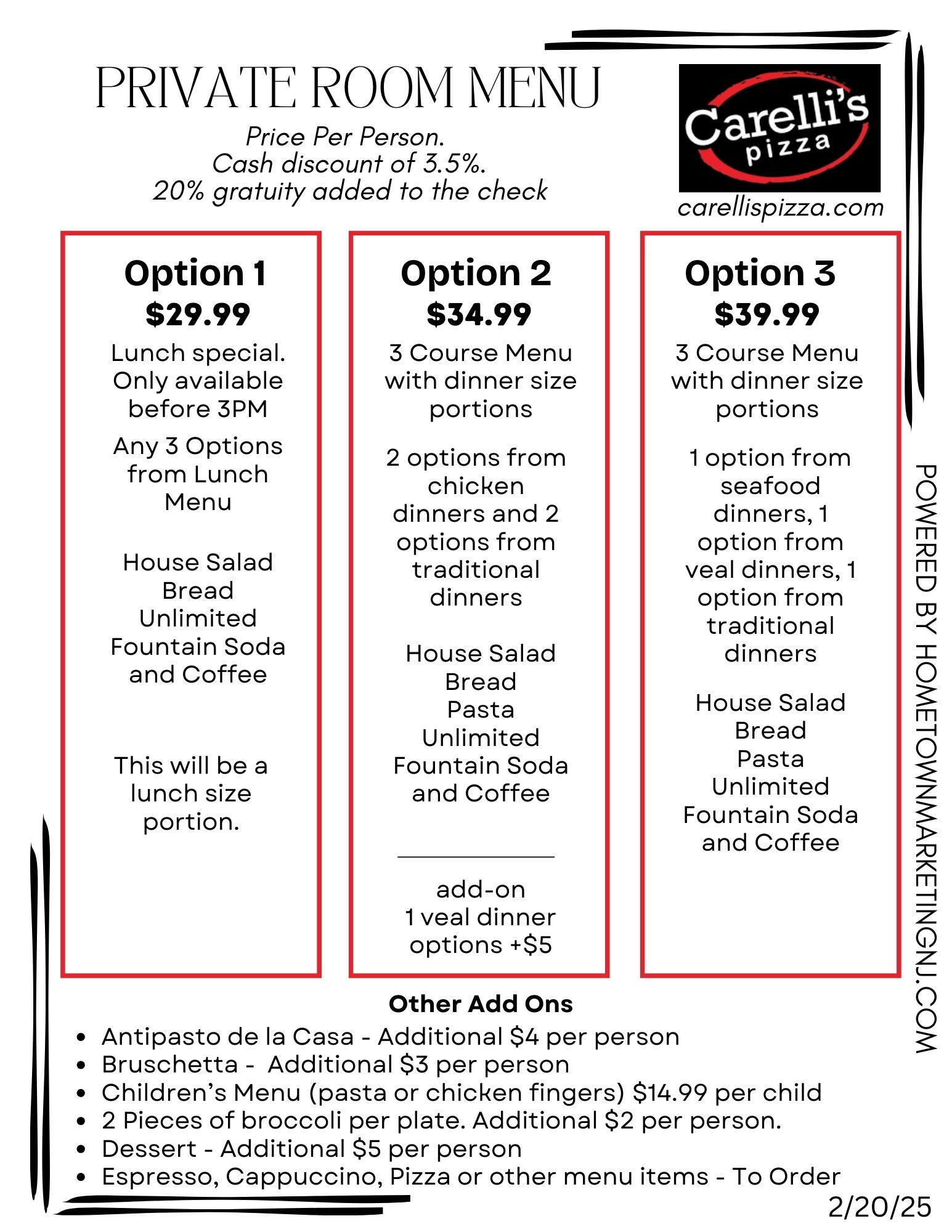 Carellis Pizza Private Room Menu 2202025